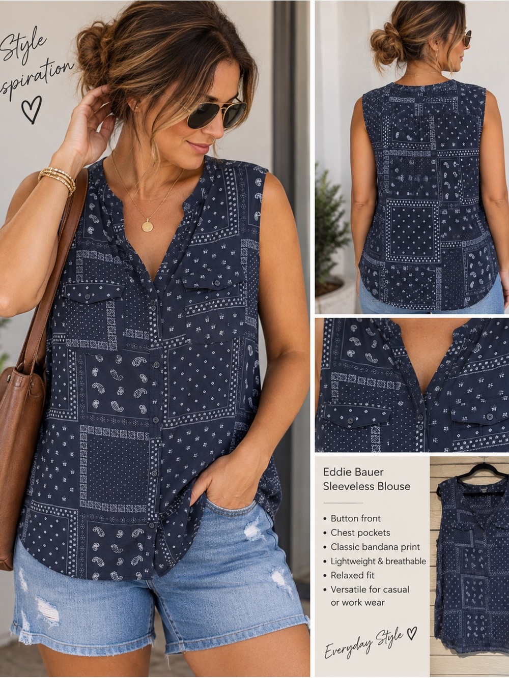 Eddie Bauer 2XL Blue Bandana Print Sleeveless Button Up Top